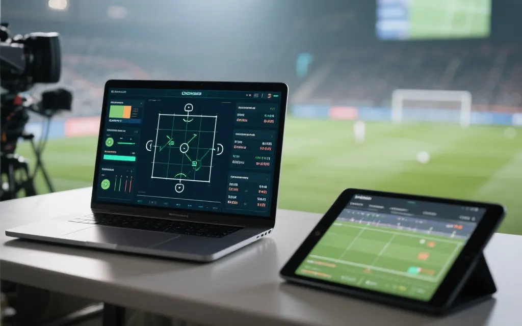 战术数据叠加在比赛画面上，笔记本与平板显示实时统计