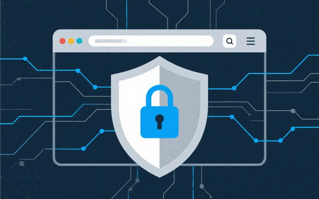 网络安全概念插画：盾牌、锁与浏览器窗口，简洁科技风