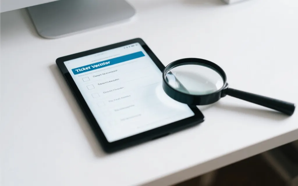 电脑屏幕上显示门票核验清单与放大镜，强调识别真伪与安全购票