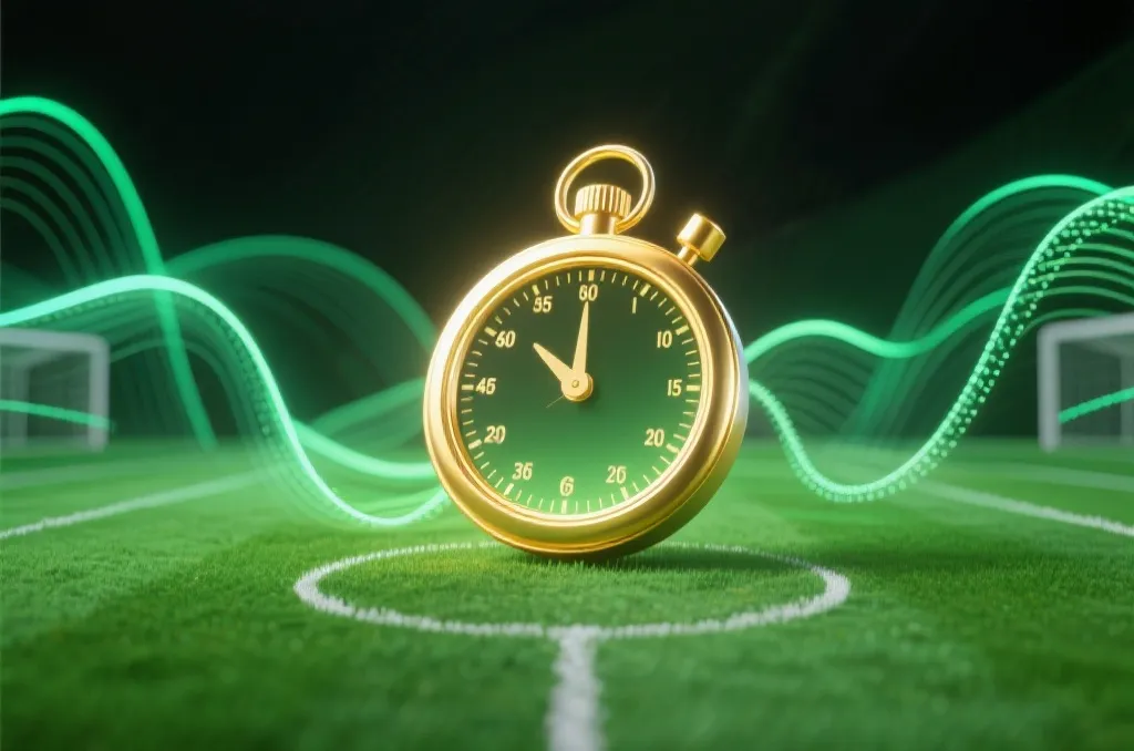 Minimalist conceptual art of a stopwatch overlaying a stylized green soccer pitch with dynamic glowing curves